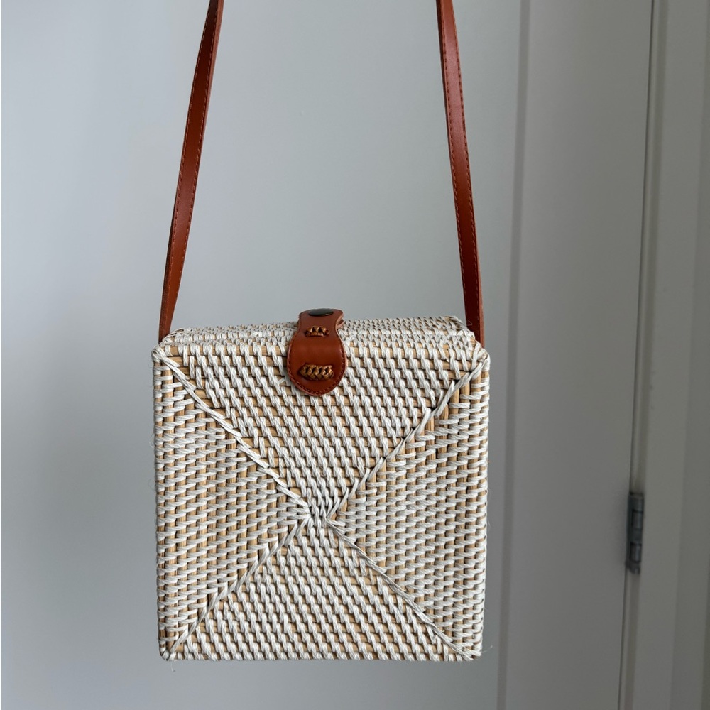 Woven Straw Crossbody Bag with Brown Leather Strap